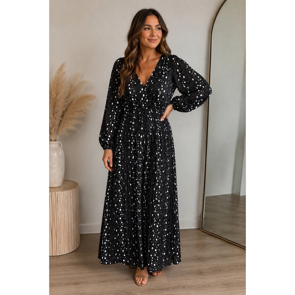 Event dress The Kooples Polka Dot Dress Womens 1 Small Black Maxi V-Neck Wedding